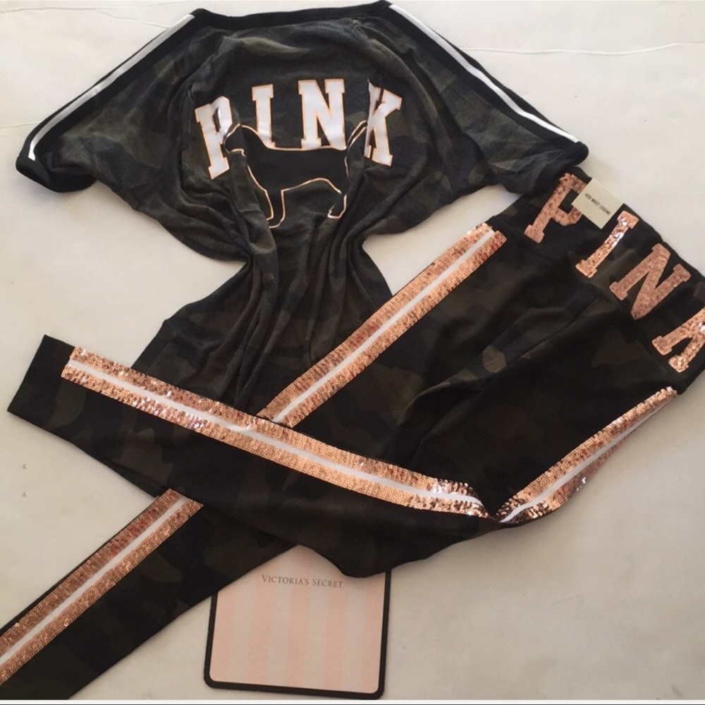 Victoria’s Secret Pink sequin bling green army tee & Legging set